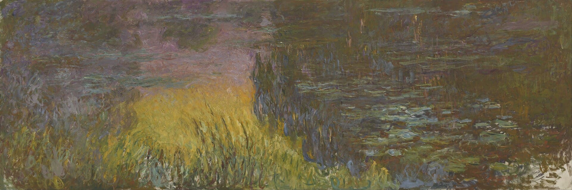 The Water Lilies – Setting Sun by Claude Monet, 1920–1926, Musée de l'Orangerie, Paris: a wide panorama of water lilies on a reflective pond.